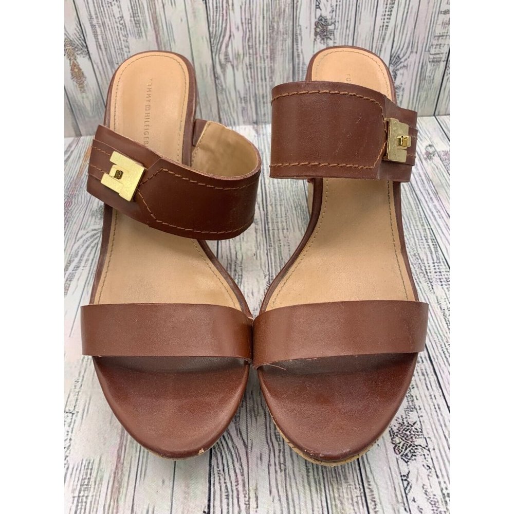 Tommy Hilfiger Size 10M Wedge Sandal Platform Cork Brown Gold Hardware Stitched